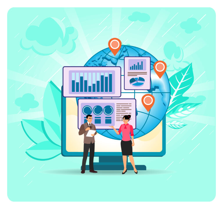 Outsourcing with business owners using data dashboards, charts, and globe visualizations. Illustrates business intelligence and global collaboration. Company services concept.