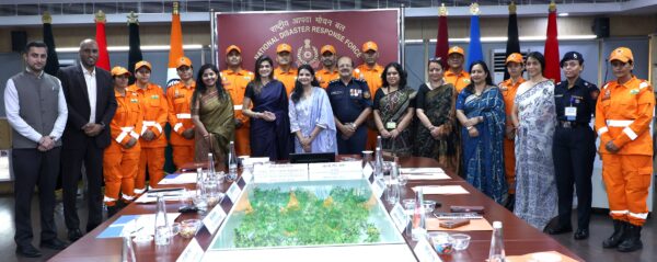 Mrs Neerja Birla Founder and Chairperson Aditya Birla Education Trust along with Mrs Priti Anand NWWA President and Mr Piyush Anand DG NDRF at the Mou signing